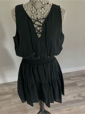 Universal Thread Black Sleeveless 100% Cotton Lace-Up Fully Lined Mini Dress